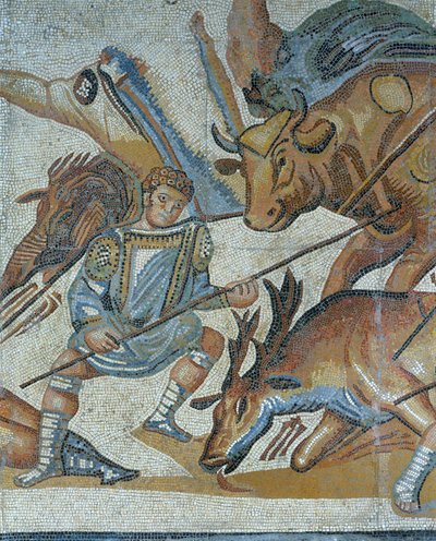 野生の獣狩りのシーン、動物を殺す剣闘士の詳細を示すモザイク 作： Roman Roman