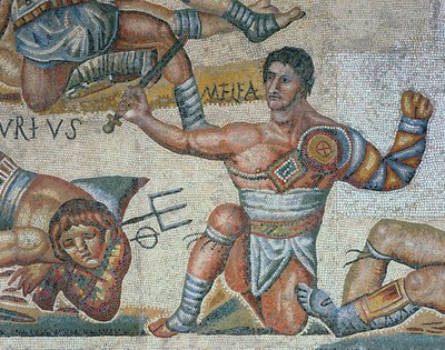 剣闘士の戦いのシーン、勝利の剣闘士の詳細を示すモザイク 作： Roman Roman