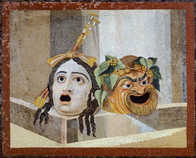 演劇の仮面が描かれたモザイク画（ラツィオ州ヴィラ・アドリアーナ出土 作： Roman Roman