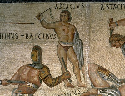 剣闘士と戦うシーンのモザイク、鎧を着た剣闘士の詳細 作： Roman Roman