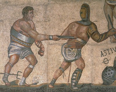 剣闘士と戦うシーンのモザイク、鎧を着た剣闘士の詳細 作： Roman Roman