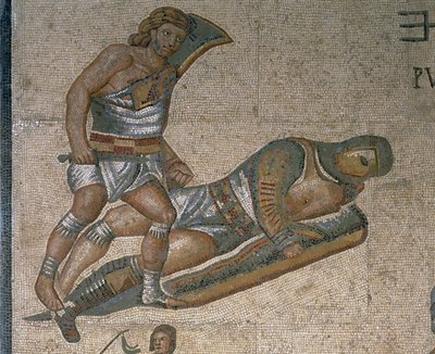 剣闘士と戦うシーンのモザイク、鎧を着た剣闘士の詳細 作： Roman Roman