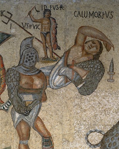 剣闘士と戦うシーンのモザイク、鎧を着た剣闘士の詳細 作： Roman Roman