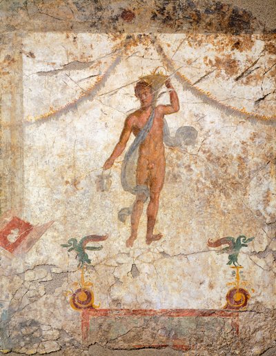 籠とシチュラを持つ天才を描いた第4ポンペイ様式の絵画 作： Roman Roman