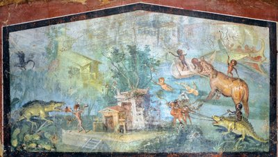 ワニとカバを襲うピグミーを描いたニロト時代の情景を描いた石膏の絵、75x127cm、ポンペイ出土（ユネスコ世界遺産登録 作： Roman Roman