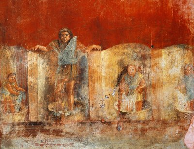 ポンペイ、ヴェラニオ・イプセオのフロニカから、羊毛製造を描いた柱のフレスコ画 作： Roman Roman