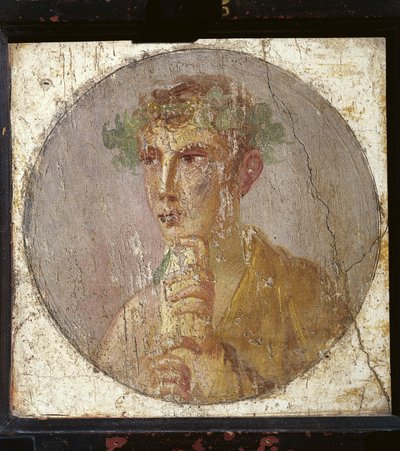 パピルスの巻物を持つ青年の肖像（イタリア、カンパニア地方、ポンペイ出土、石膏に描かれた絵、紀元55～79年）。 作： Roman Roman