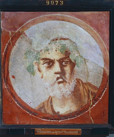 イタリア、カンパニア地方、ポンペイの老人（おそらく詩人か哲学者）の肖像、石膏に描かれた絵、紀元55～79年。 作： Roman Roman