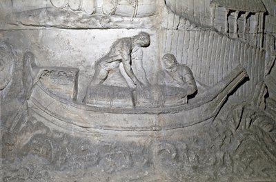 ローマのアート「第一次ダキア戦争中にドナウ川で食料を積んだ船」 トラヤヌス帝（53-117）の時代に建てられたローマのトラヤヌスの円柱（トラジャネの円柱）（コロンナ・トライアナ）の浮き彫りを再現した1862年の型。トラジャネの柱は 作： Roman Roman