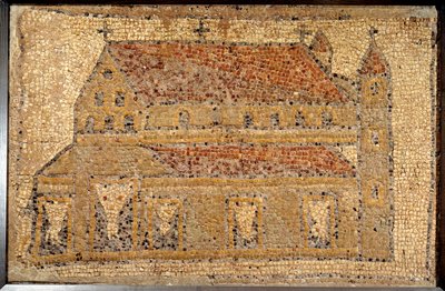 ローマ美術：遠近法で表現されたバジリカのモザイク、5世紀後半、近東 - パリ、ルーヴル美術館 - ローマ美術：聖人クリストフに捧げられた初期ビザンティン（古キリスト教）教会から、フェニキアのタイア近郊にあるカブリ・ヒラムのモザイク。 作： Roman Roman