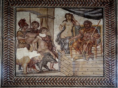 ローマ時代の美術。「テッサリーのフェレスの王アドメテは、猪と獅子を飼いならし、イオルコスの王ペリアスに娘のアルケステとの結婚を求める」アドメテの結婚式のモザイク。ニーム、美術館 作： Roman Roman