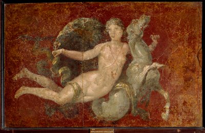 ローマ美術：海馬に乗る女性。スタビアのフレスコ画。ナポリ、Museo Archeologico Nazionale - ローマの芸術：海馬に乗る女性。Stabiaのフレスコ画。イタリア、ナポリ、国立考古学博物館 作： Roman Roman