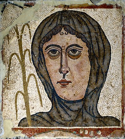 ローマ美術：ヴェールを被った女性の冬の寓意。5世紀のモザイク。キンタナ・デル・マルコ（レオン）出土 スペイン マドリッド 国立考古学博物館 作： Roman Roman