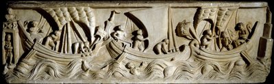 ローマのアート。"navigation scene" ローマのラビカーナ通りの低層レリーフ。ローマ、シビルタ・ロマネスク美術館 作： Roman Roman