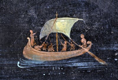 ローマ美術：川の情景 - 川に浮かぶ船と水夫たち - イタリア、ナポリ考古学博物館に保存されているポンペイのフレスコ画の断片 - イタリア、ナポリ、国立考古学博物館 - Photo Patrice Cartier - 。 作： Roman Roman