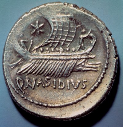 ローマ美術：ローマのガレー船を表す銀貨。パリ、B.N. 作： Roman Roman