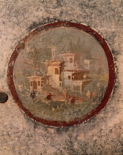 家と建物のある円形、「百年記念の家」のフレスコ画の詳細、ポンペイ、カンパニア、ローマ文明 作： Roman Roman