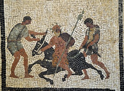 シレノ・エブロ二人の召使に抱えられたロバに乗る酔ったシレネ。ポンペイ出土のモザイク画、パキウス・プロクルスまたはC.クスピウス・パンサの家 - イタリア、ナポリ考古学博物館 - イタリア、ナポリ、国立考古学博物館 - 写真パトリス・カルティエ - 。 作： Roman Roman