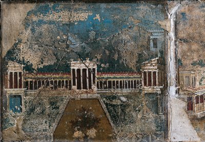 建築風景を描いた第3様式フレスコ画、列柱ポーチに縁取られた建物の細部、ポンペイより 作： Roman Roman