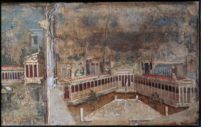 建築風景を描いた第3様式フレスコ画、柱廊の細部、ポンペイ出土 作： Roman Roman