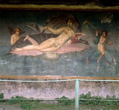 貝殻の中で休むヴィーナス。ヴィーナスの家、ポンペイ、イタリア。フレスコ画。 作： Roman Roman