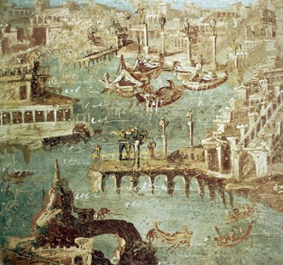 イタリアの都市カンパーナ（ポッツオーリ）の港の風景、スタビアのフレスコ画。 作： Roman Roman