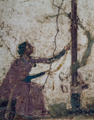 聖なる木に向かう女性、イタリア、カンパニア、ポンペイのフレスコ画の断片、ローマ文明 作： Roman Roman