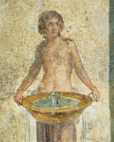 水の入ったバケツを運ぶ女性、詳細、ポンペイ、フレスコ画より 作： Roman Roman
