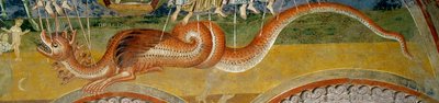 黙示録の表現。 天使の矢が突き刺さった、7つの頭を持つ怪物を描いたディテール 作： Romanesque