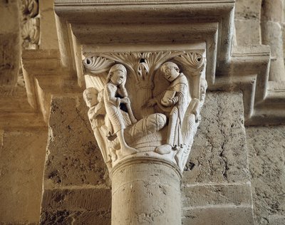 聖ベネディクトが農民の息子を蘇生させる（拝廊の柱）（彫刻 作： Romanesque