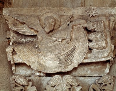 眠っていたマギが天使に起こされ、ベツレヘムの星を指し示す（資本金を彫る 作： Romanesque