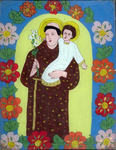 トランシルヴァニア出身のパドヴァの聖アントニウス（1195-1231）、1950-80年（塗装ガラス） 作： Romanian School