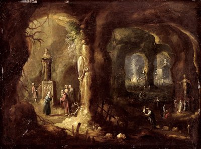 偶像を礼拝する彫像と多数の人物のある洞窟（聖シメオン・シュティリテス） 1640年頃（銅に油彩） 作： Rombout van Troyen