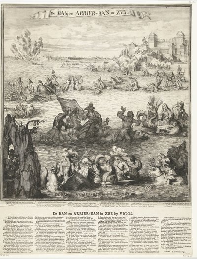 1702年ビーゴでの銀の艦隊奪取の漫画 The Ban and Arrier-Ban in Zee (オブジェクトのタイトル) ビーゴスの海のバンとアリエバン (オブジェクトのタイトル) 作： Romeyn de Hooghe (possibly)