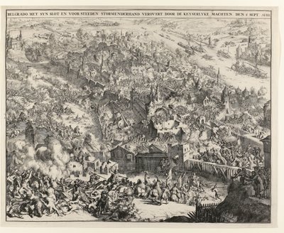 ベオグラードは、1688 年 9 月 6 日、バイエルン選帝侯マクシミリアン エマニュエルによって嵐に見舞われました。 作： Romeyn de Hooghe