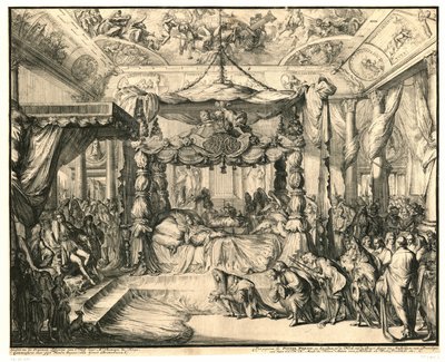 1695 年、彼女の死の床にある女王メアリー 2 世スチュアート イングランド女王メアリー2世スチュアートの死と埋葬、1695年（シリーズタイトル） 作： Romeyn de Hooghe