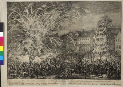 1686年、ブリュッセルのサブロン通りの夜の花火（エッチング） 作： Romeyn de Hooghe
