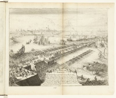スヘルデに架かるパルマの船橋、1585 年 Le Pont de Farnese (オブジェクトのタイトル) Guerres de Flandres (シリーズタイトル) 作： Romeyn de Hooghe