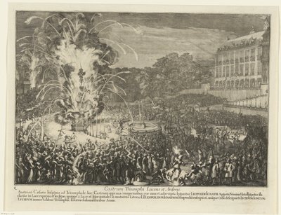 宮殿の庭の花火、1686年 Castrum Triumphi Lucens et Ardens (オブジェクトのタイトル) トルコ人を破った後、レオポルト1世がブリュッセルに入る、1686年（シリーズタイトル） 作： Romeyn de Hooghe