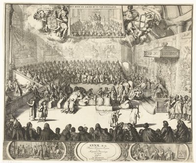 Zitting van het Lagerhuis が koningin Anna op de troon に出会った、1702 年 アン、D.G. 英国の女王、および英国の偉大な王子が告白した（オブジェクトのタイトル） 作： Romeyn de Hooghe