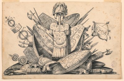 素描、武器のトロフィー、1830-1850年 作： Romolo Achille Liverani