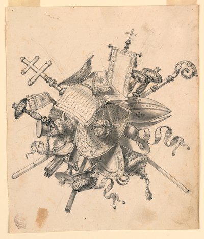 デッサン、教会的オブジェのあるトロフィー、1830-1850年 作： Romolo Achille Liverani