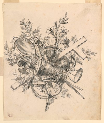 素描、美徳のシンボルが描かれたトロフィー、1830-1850年 作： Romolo Achille Liverani