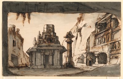 ステージデザイン、洞窟と岩に囲まれた東洋の建物 作： Romolo Achille Liverani