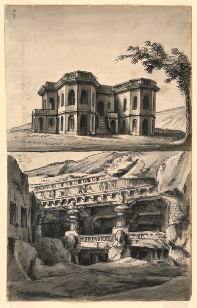 舞台美術、風景の中の城、寺院と洞窟 作： Romolo Achille Liverani