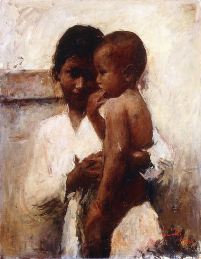 愛情、子供を抱くジャワの美女（キャンバスに油彩） 作： Romualdo Locatelli
