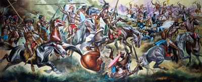 ネイティブ・アメリカン・インディアンと兵士の戦い（紙にグワッシュ） 作： ロン・エンブルトン