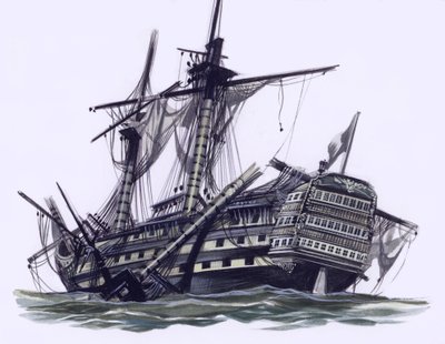 トラファルガー海戦後のHMSヴィクトリー、ミズン・トップマストが撃ち落とされている（紙にガッシュ画） 作： ロン・エンブルトン