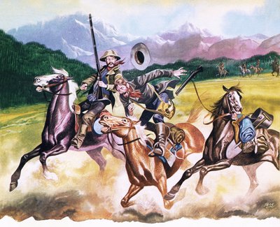 財を成せなかった鉱山労働者を襲うインディアンたち 作： Ron Embleton