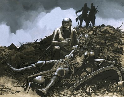 戦場へ、矢は雪のように降り注いだ」。 作： Ron Embleton